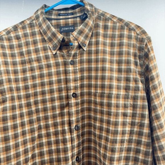 St Johns Bay Premium Twill Shirt Mens Large Brown Small Plaid Button Down - Picture 4 of 5